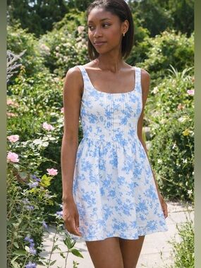 LOVESHACKFANCY Lowery Dress Linen Blue Floral Sundress Feminine cobalt pop Sz 6